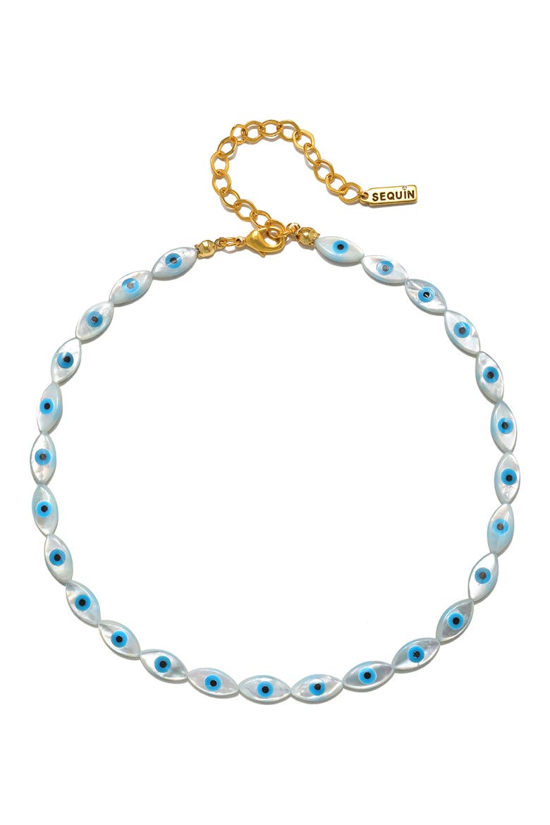 Beaded Mother-of-Pearl Evil Eye Choker, Main, color, WHITE
