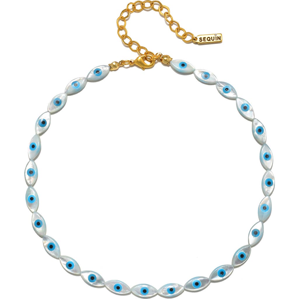 Sequin Beaded Mother-of-Pearl Evil Eye Choker in White  product