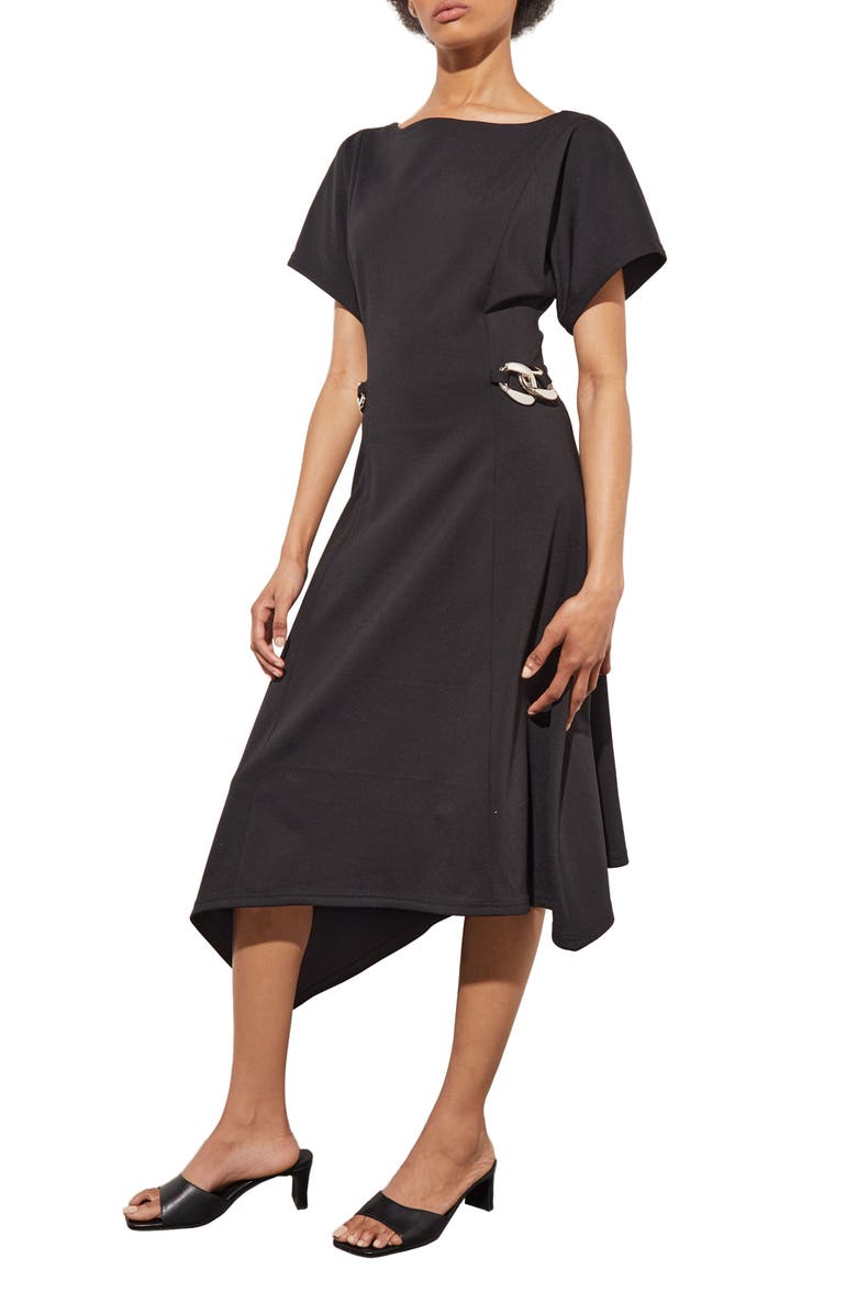 Ming Wang Asymmetric Midi Dress, Alternate, color, Black