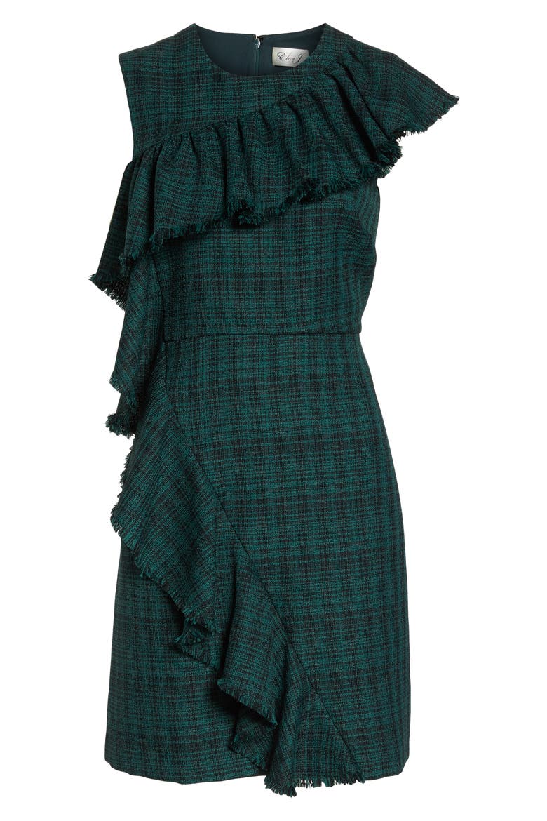 Ruffle Detail Plaid Sheath Dress, Alternate, color, GREEN BLACK PLAID