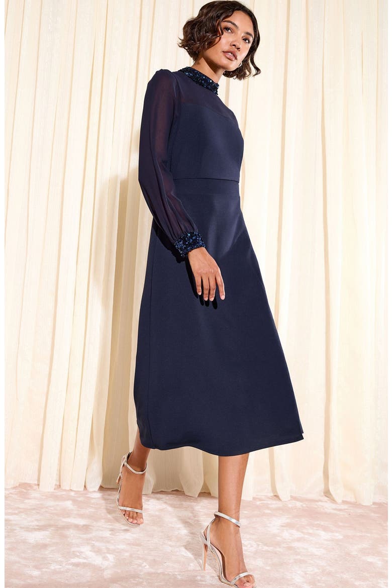 Long Sleeve Mixed Media Cocktail Dress, Alternate, color, BLUE