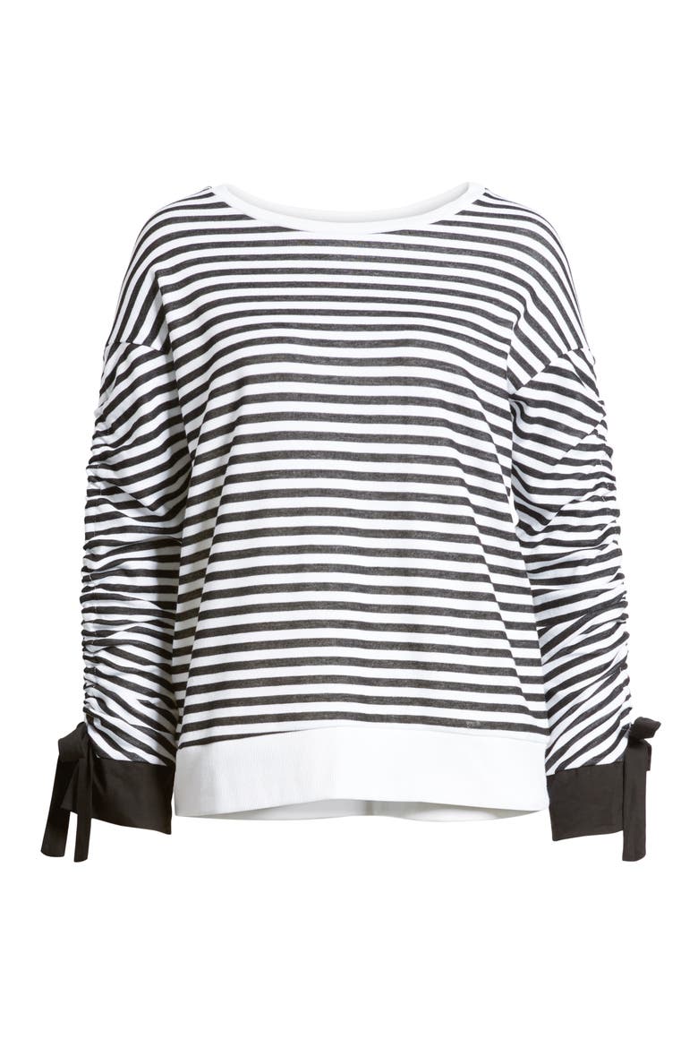 Ruched Sleeve Poplin Trim Sweatshirt, Alternate, color, BLACK- WHITE STRIPE