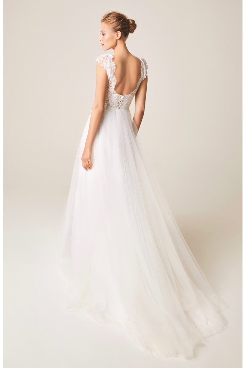 V-Neck Cap Sleeve Wedding Dress, Alternate, color, IVORY