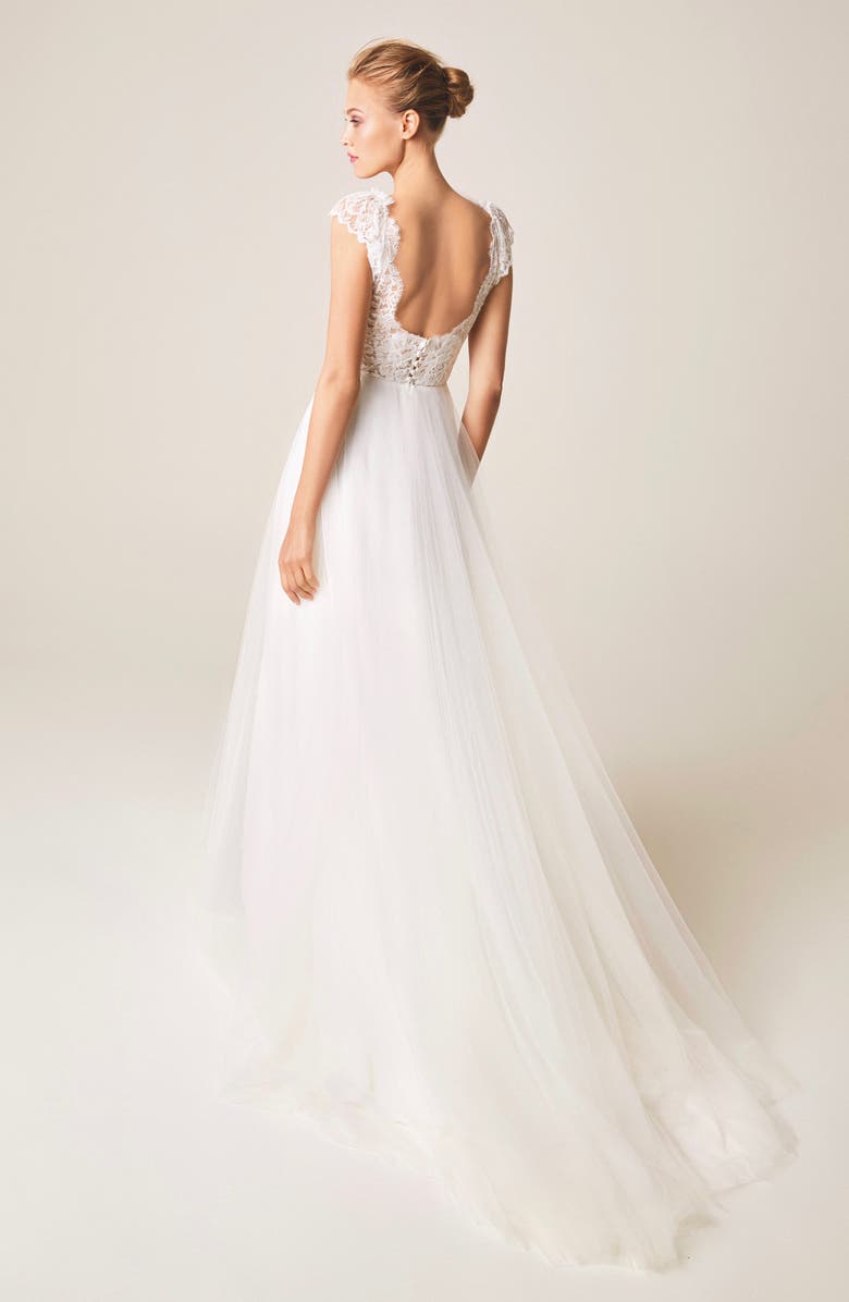 Jesús Peiró V-Neck Cap Sleeve Wedding Dress, Alternate, color,