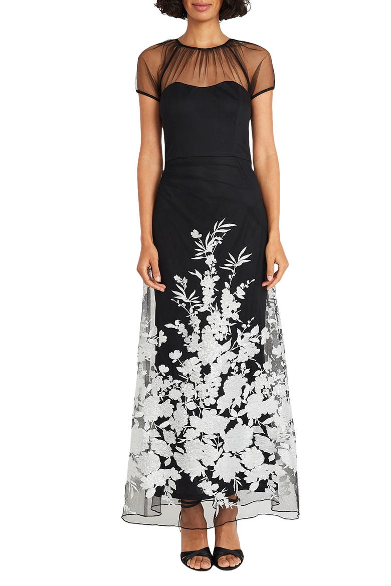 Floral Appliqué Detail Mesh Gown, Main, color, BLACK/ SILVER