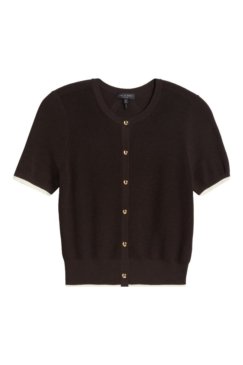 Dina Tipped Short Sleeve Cotton Blend Cardigan, Alternate, color, CHOCOLATE BROWN