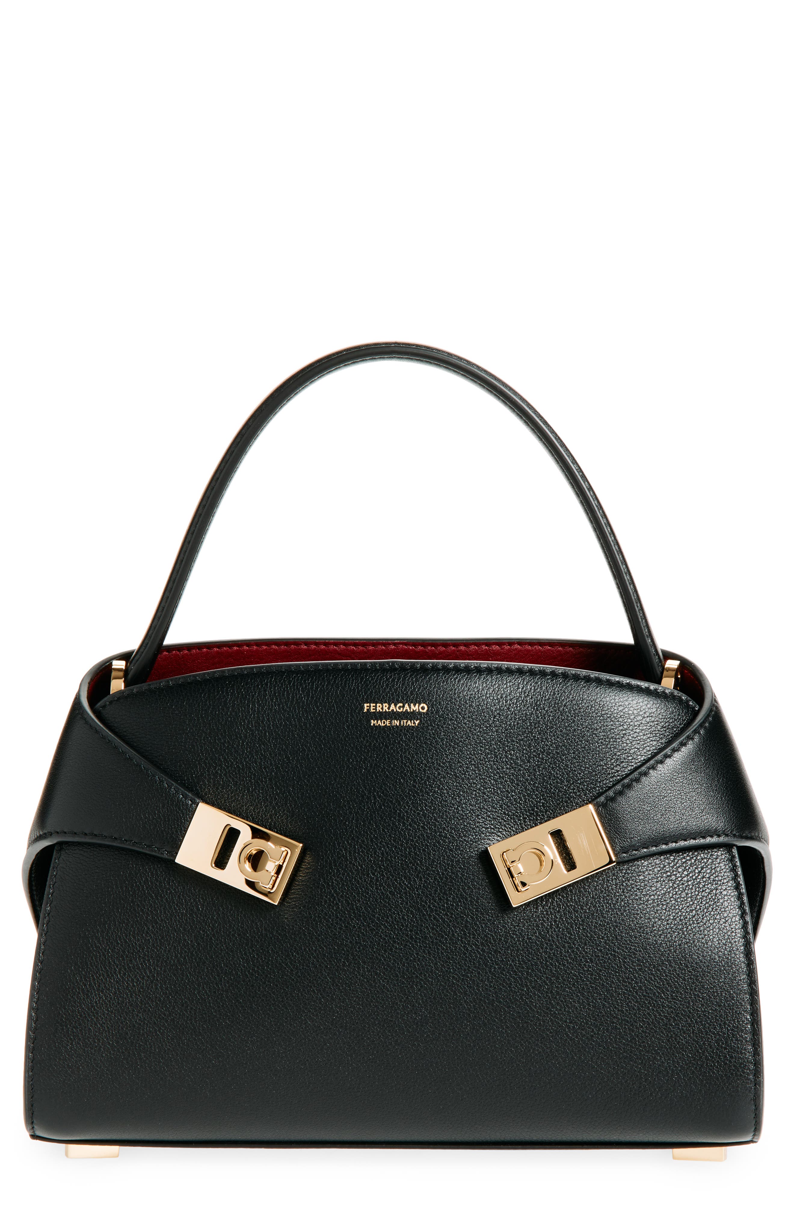 FERRAGAMO Extra Small Hug Leather Top Handle Bag, Main, color, Nero Borgogna