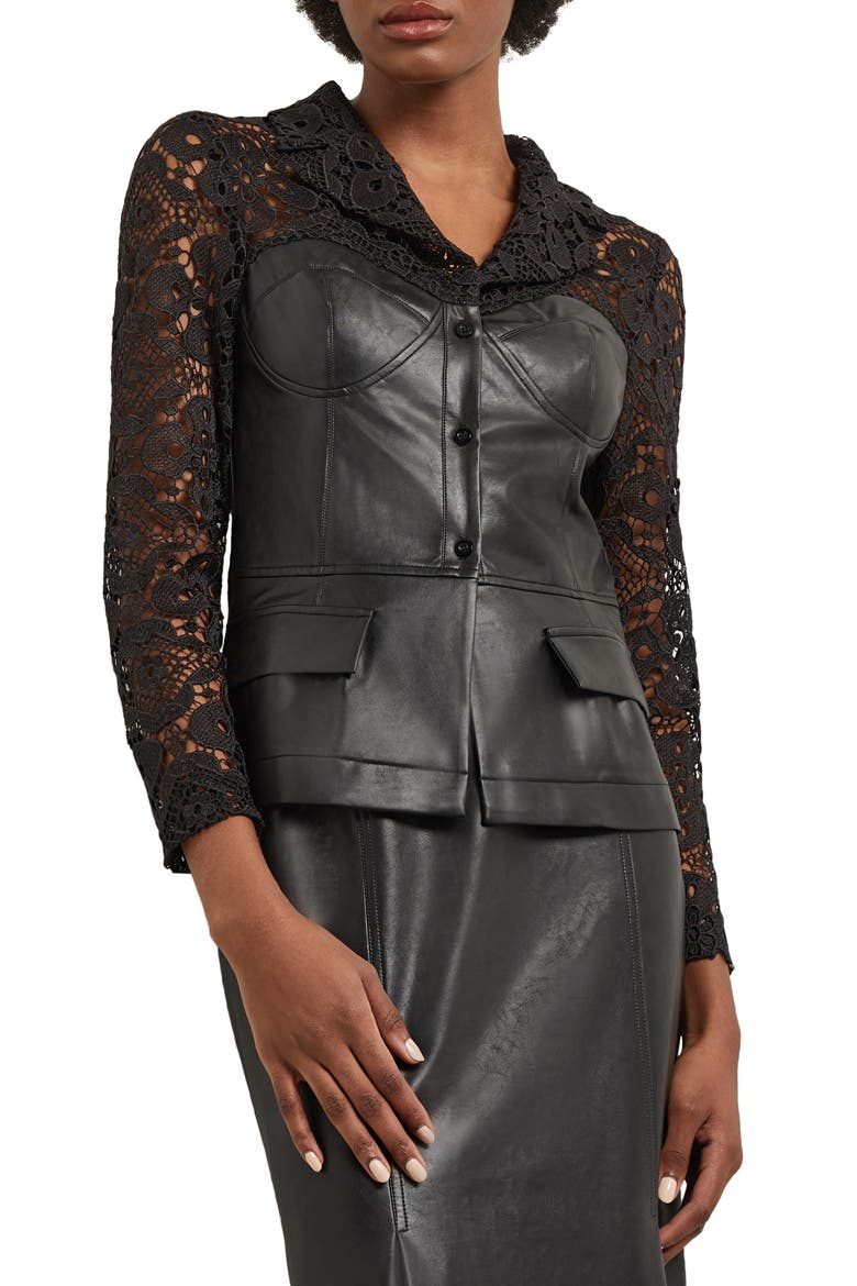 Lace & Faux Leather Corset Jacket, Main, color, BLACK