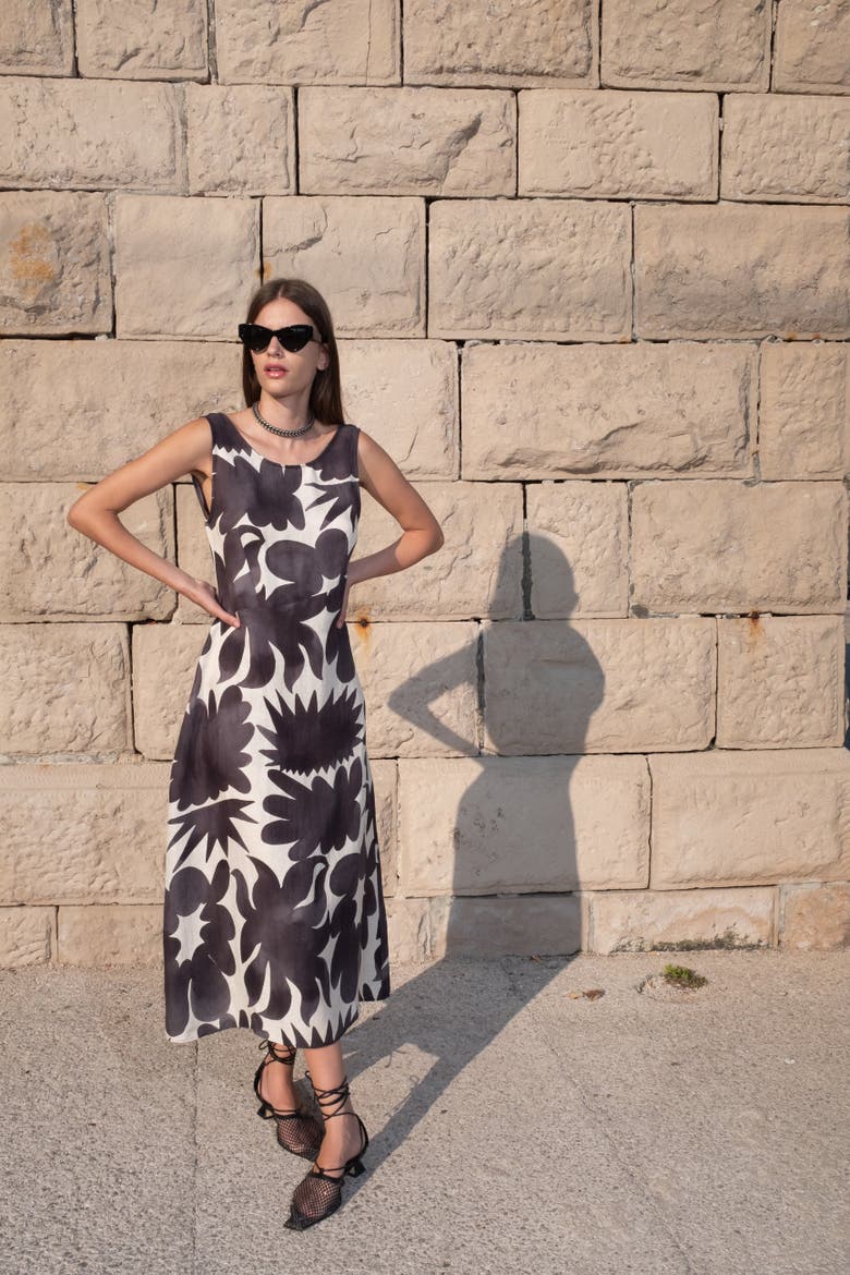 Malikoh Boat-Neck Open-Back Printed Midi Dress, Alternate, color, Facula Black