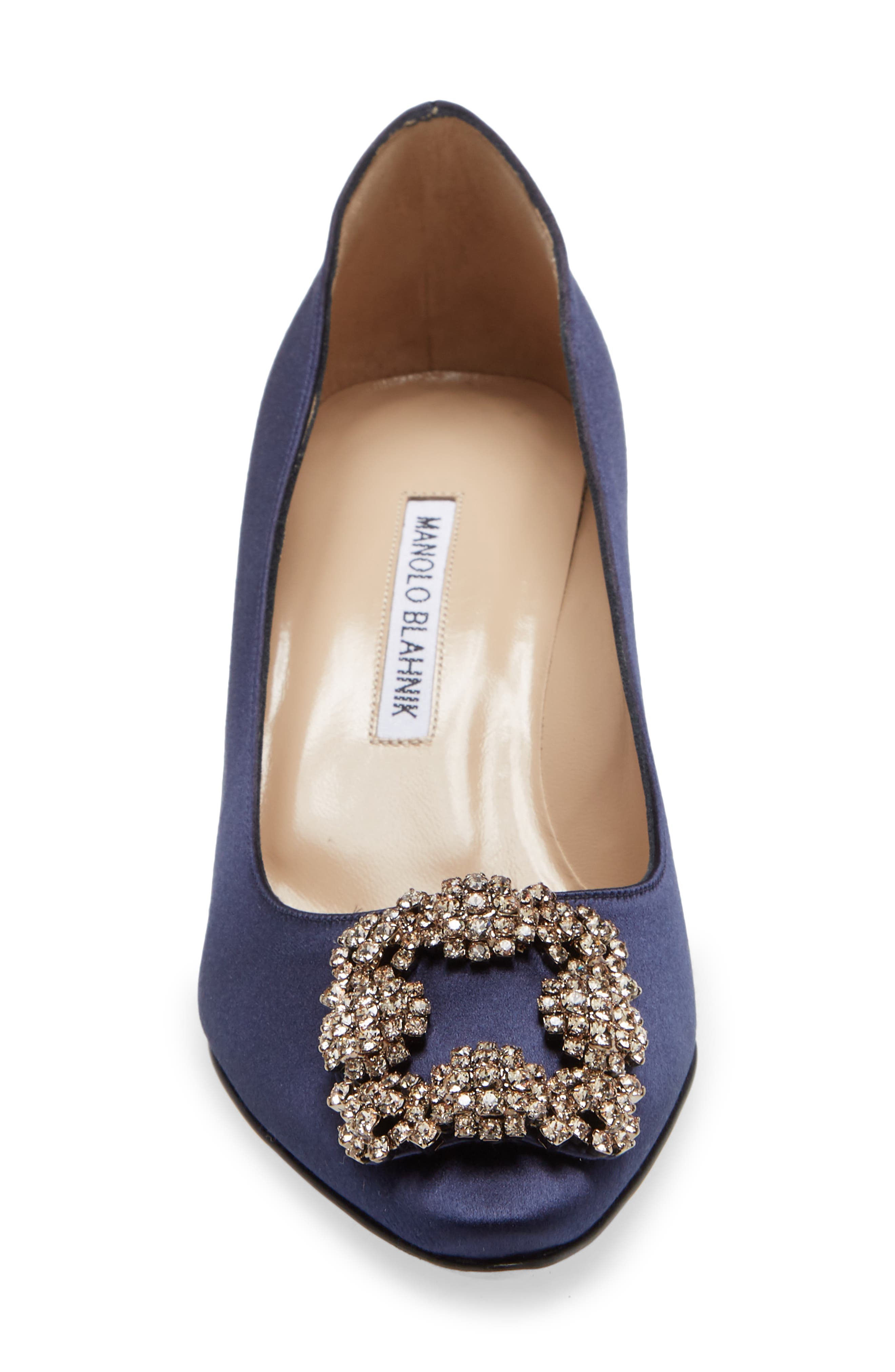 Manolo Blahnik Hangisi Jeweled Kitten Heel Pump, Alternate, color, Navy Satin/ Silk Buckle