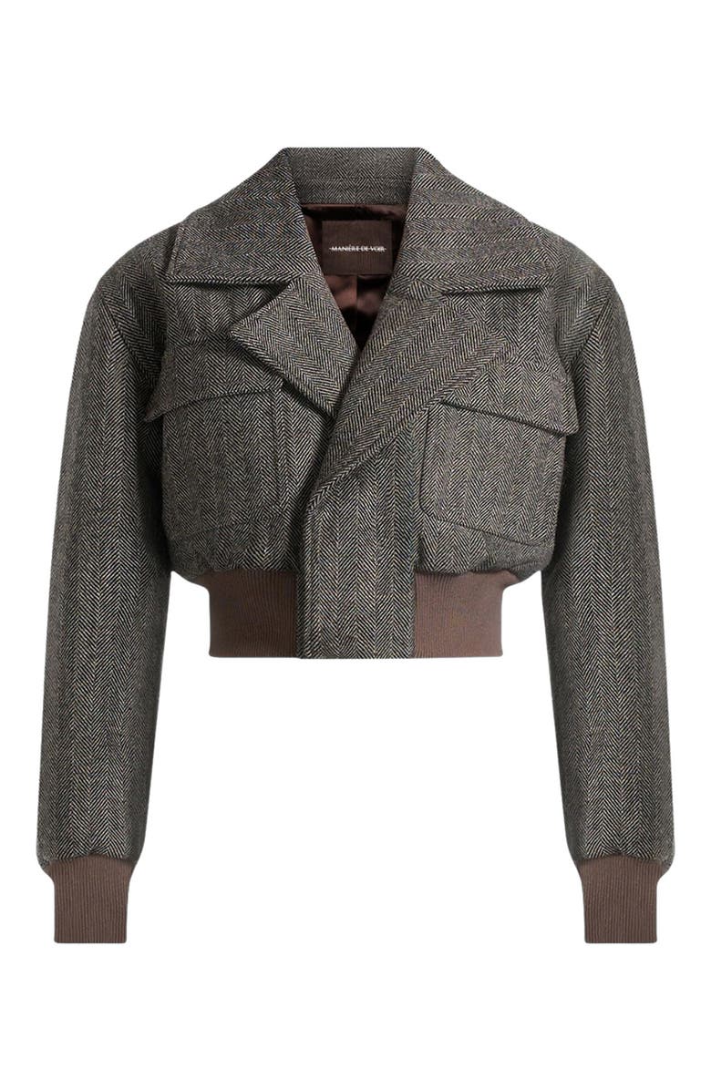 Manière De Voir Cosette Herringbone Wool Lapel Bomber Jacket, Alternate, color, Grey