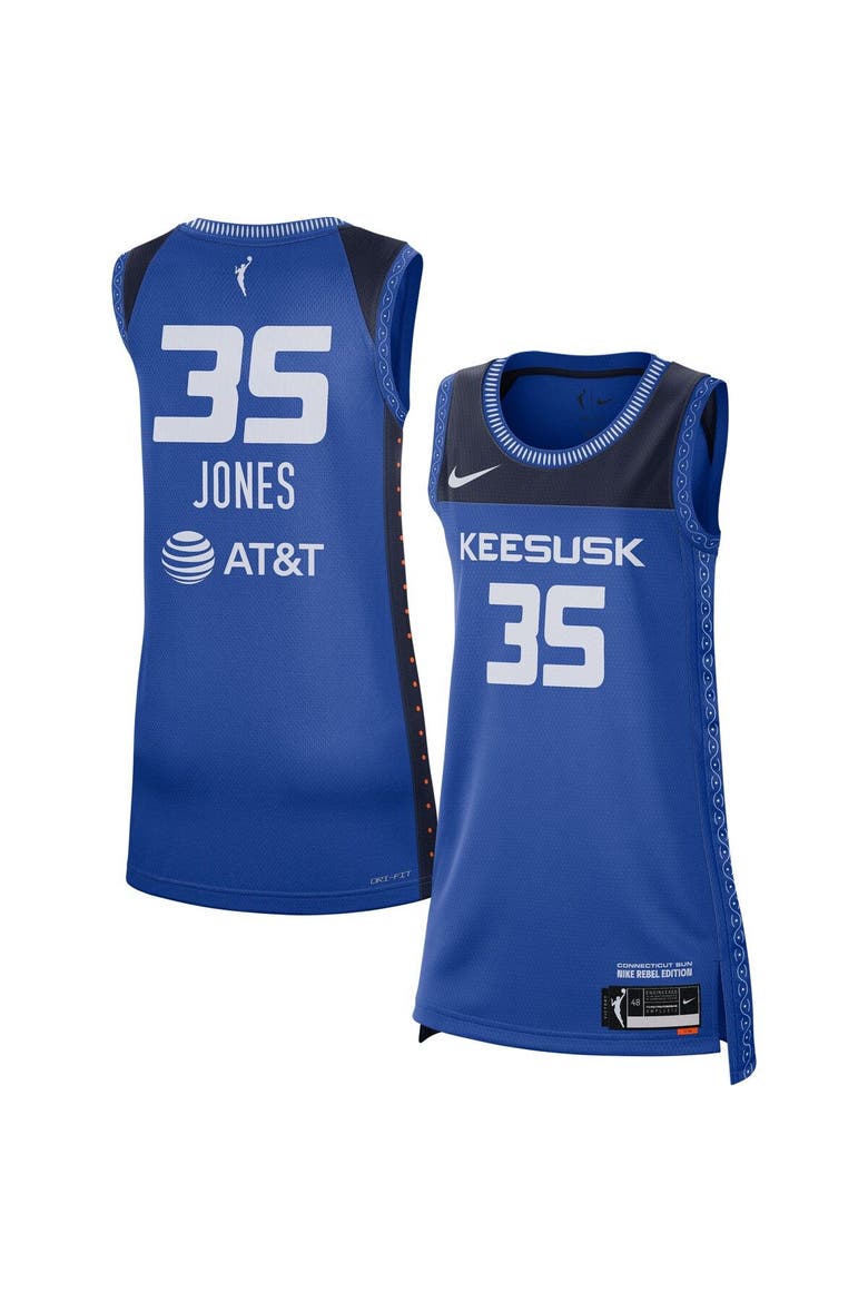 Women's Nike Jonquel Jones Blue Connecticut Sun 2021 Rebel Edition Victory Player Jersey, Main, color, Blue