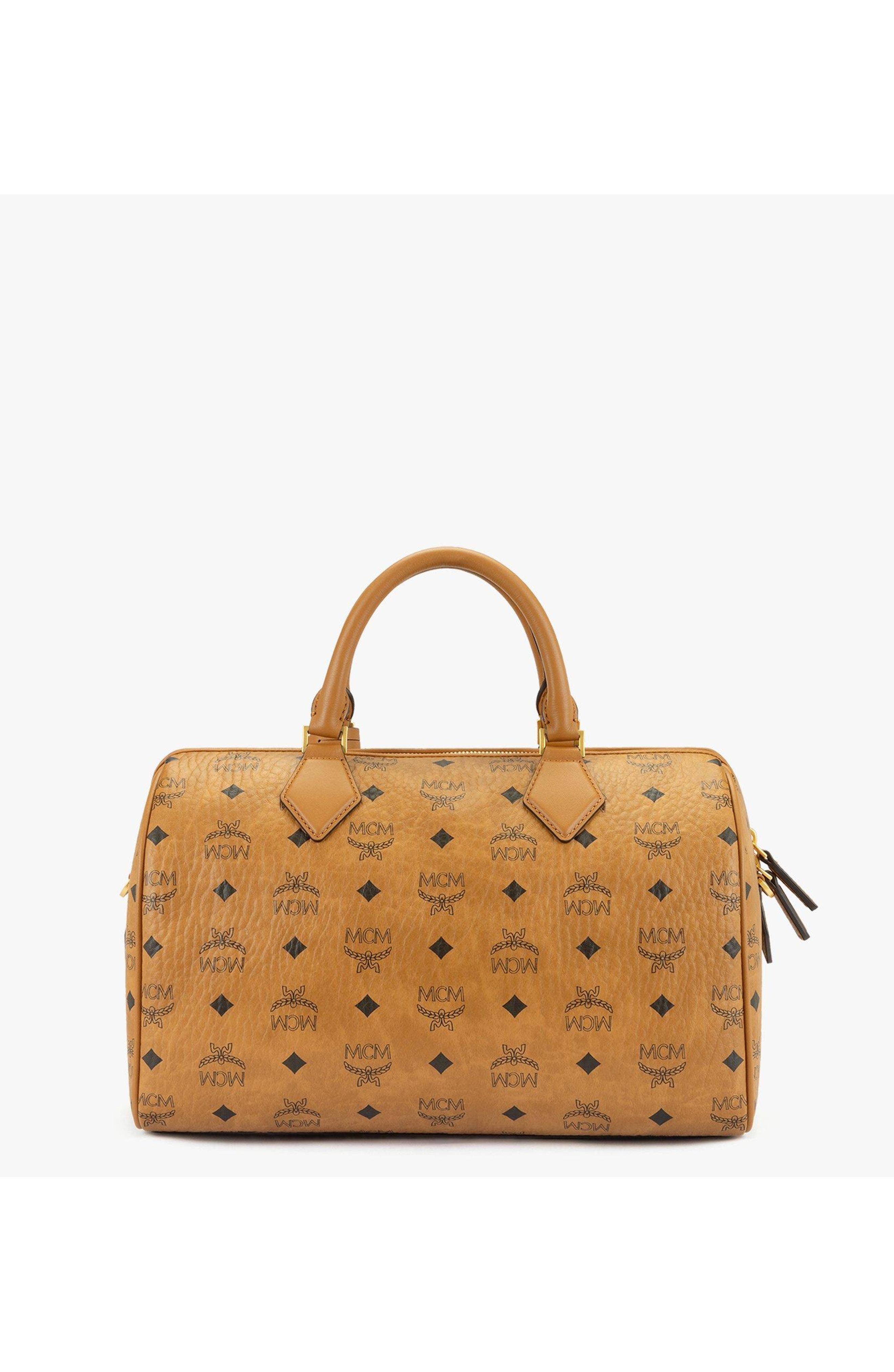 MCM Medium Ella Boston Bag in Visetos, Alternate, color, Cognac