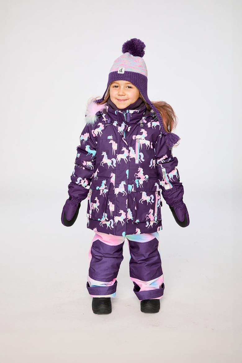 Play Unicorn Jacket & Reinforced Pants Two Piece Snowsuit, Alternate, color, Purple Unicorn Print