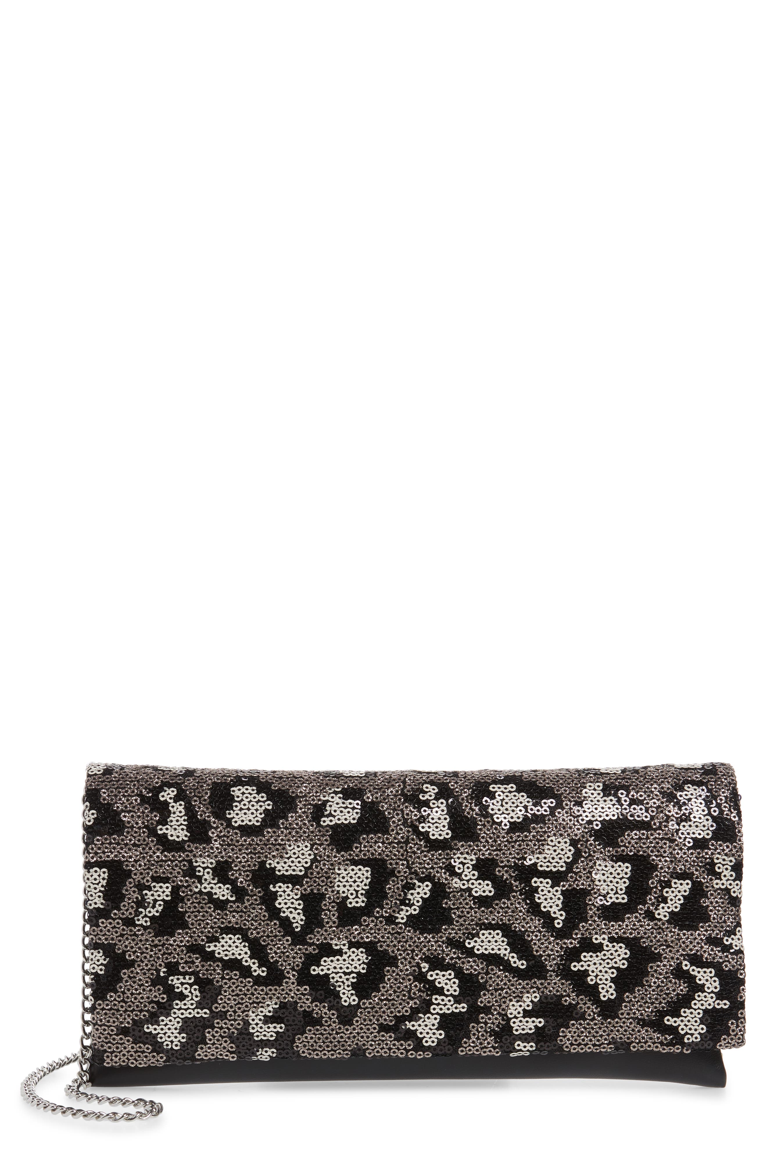 Nordstrom Leopard Sequin & Faux Leather Clutch, Main, color, 