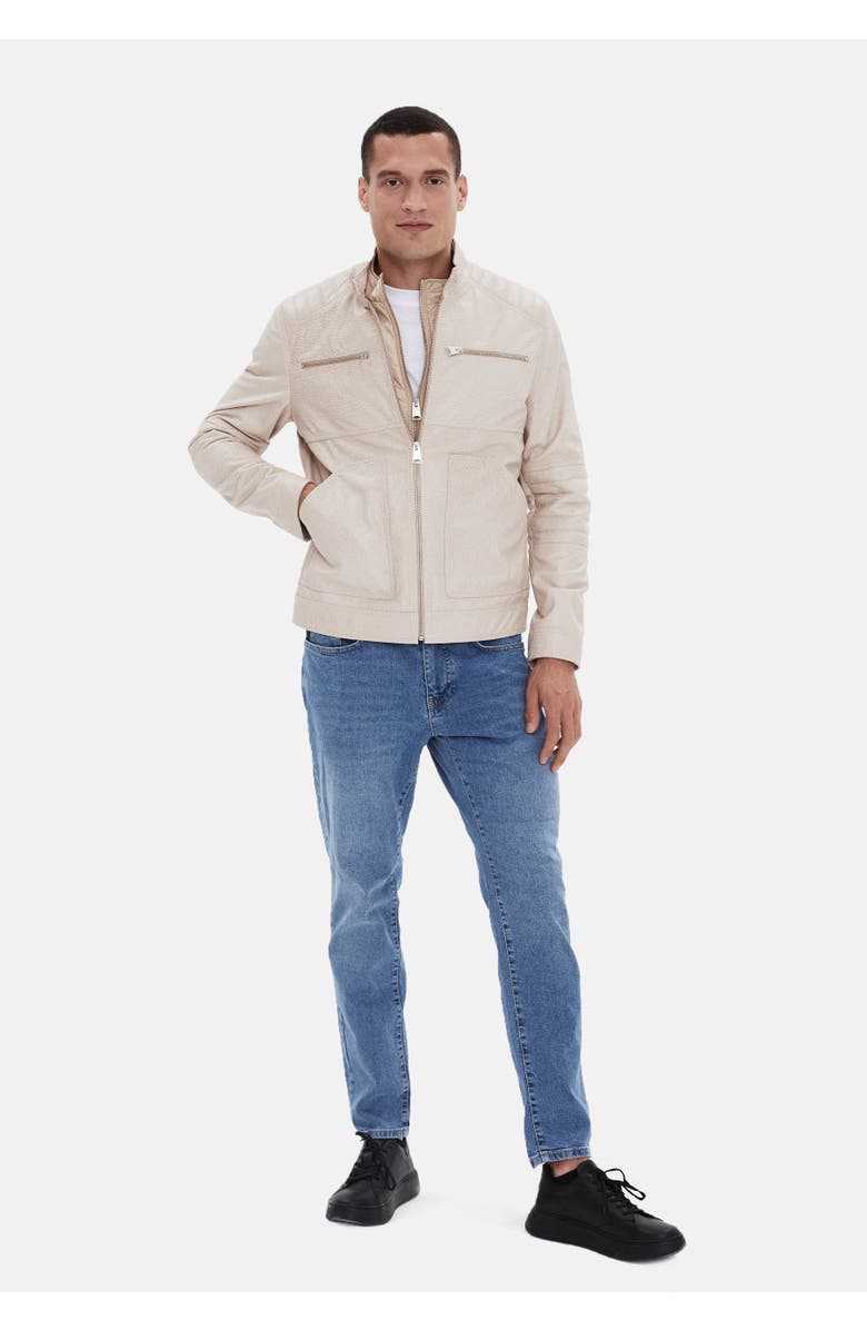 Furniq UK Henry Patterned Leather Jacket, Alternate, color, Beige