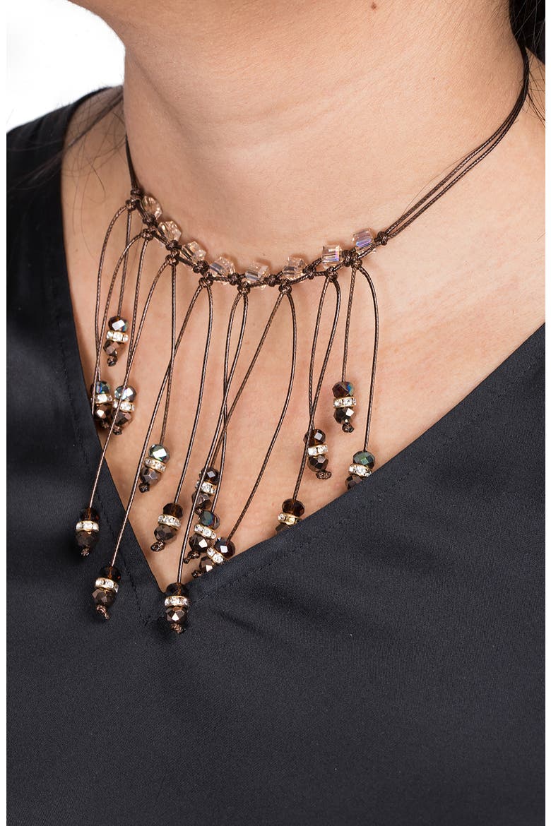 Crystal Beaded Fringe Bib Necklace, Alternate, color, BROWN