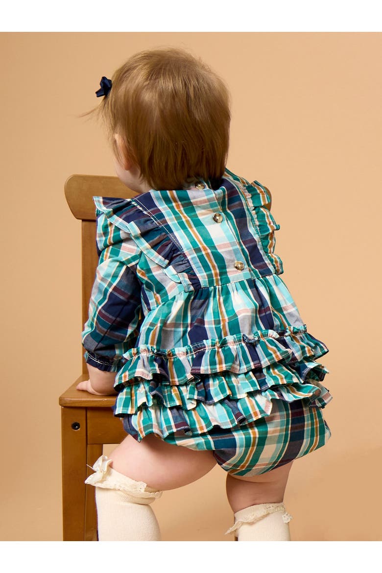 Woven Long Sleeve Waterfall Bow Bubble Romper, Alternate, color, Forrest Plaid