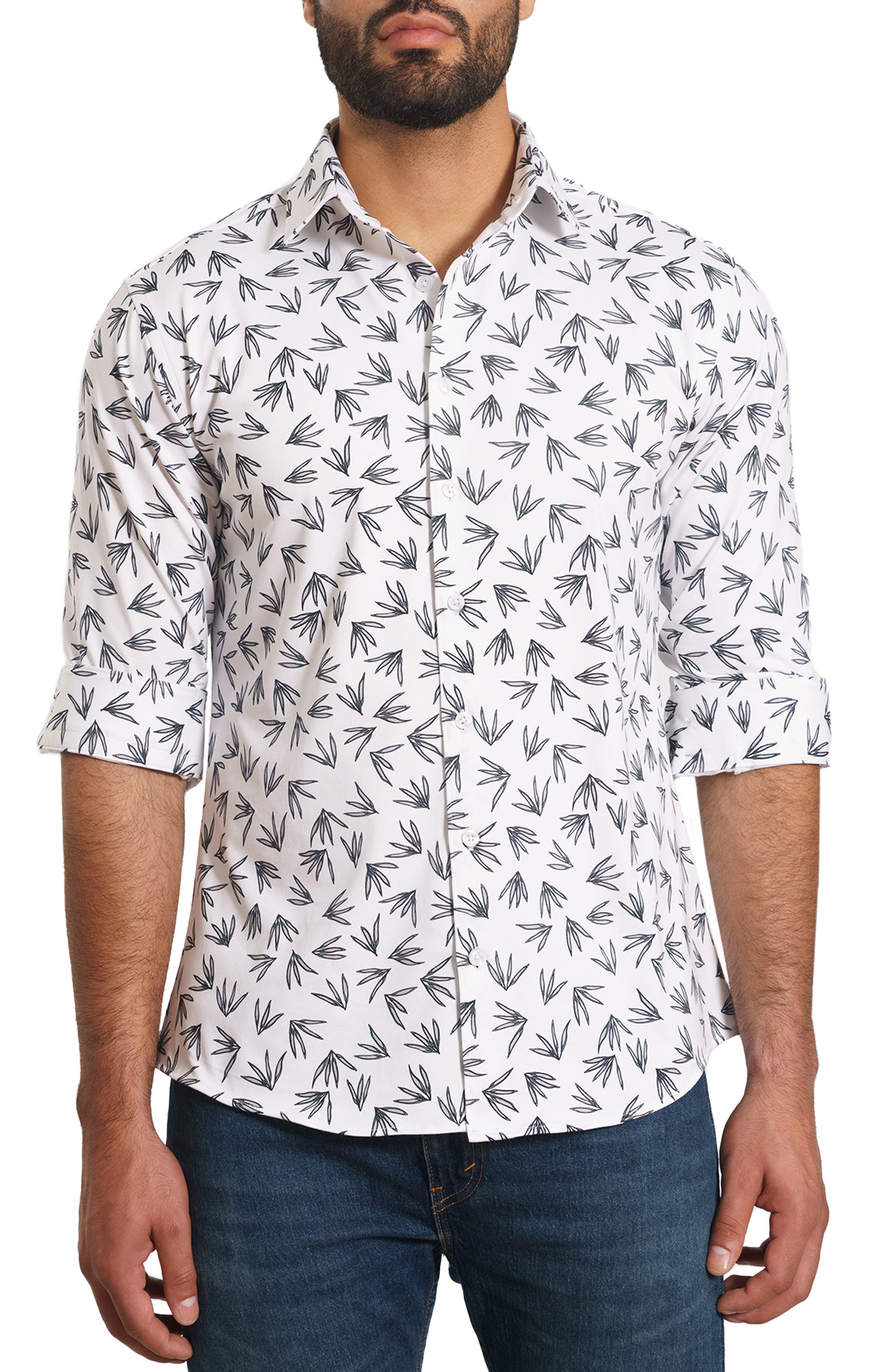 Jared Lang Trim Fit Leaf Print Button-Up Shirt