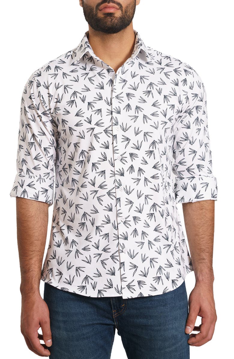 Jared Lang Trim Fit Leaf Print Button-Up Shirt, Main, color, White Floral
