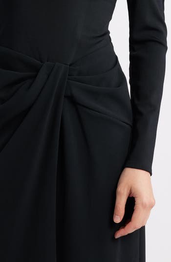 Off the Shoulder Long Sleeve Rib & Crepe Gown
