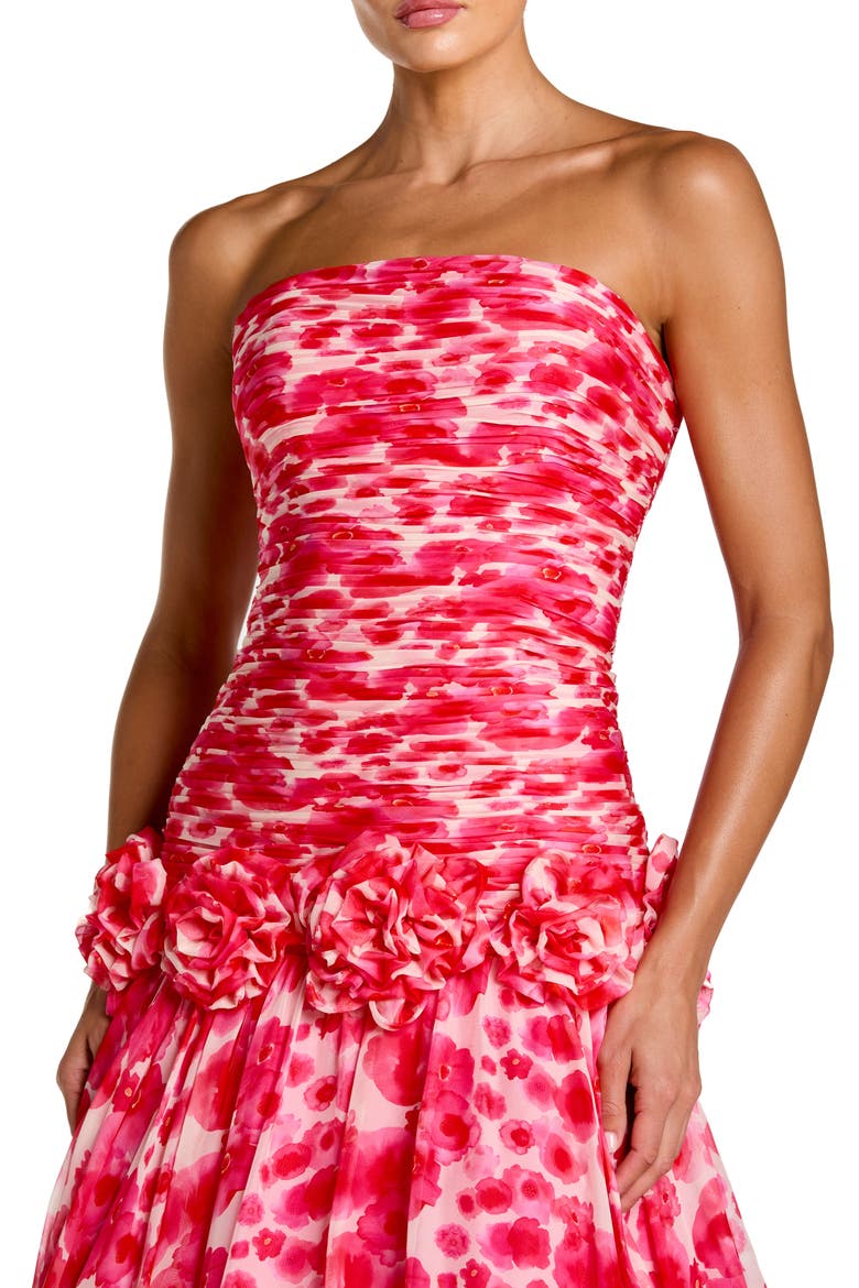 Printed Chiffon Strapless Drop Waist Ballgown, Alternate, color, Grapefruit Multi