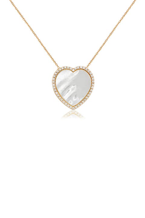 14K Yellow Gold Vermeil Pave CZ Mother of Pearl Heart Pendant Necklace