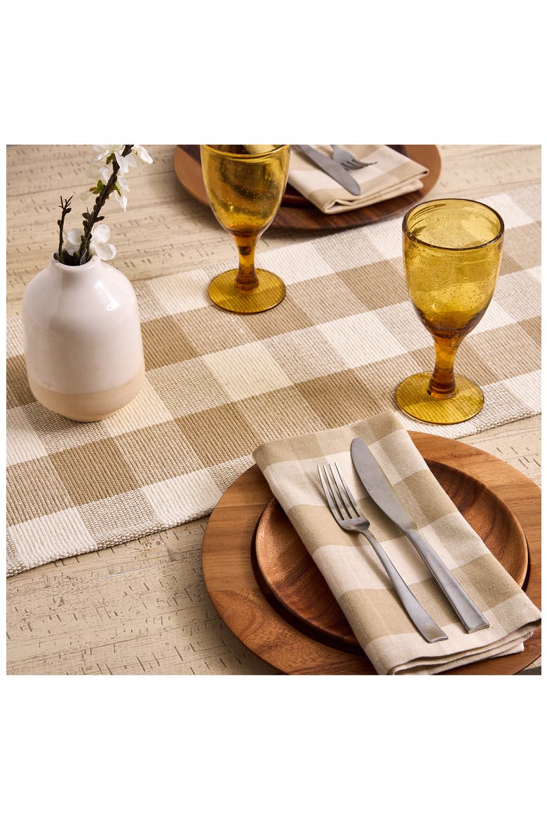 Checkered Fringe Cotton Table Runner, Alternate, color, BROWN