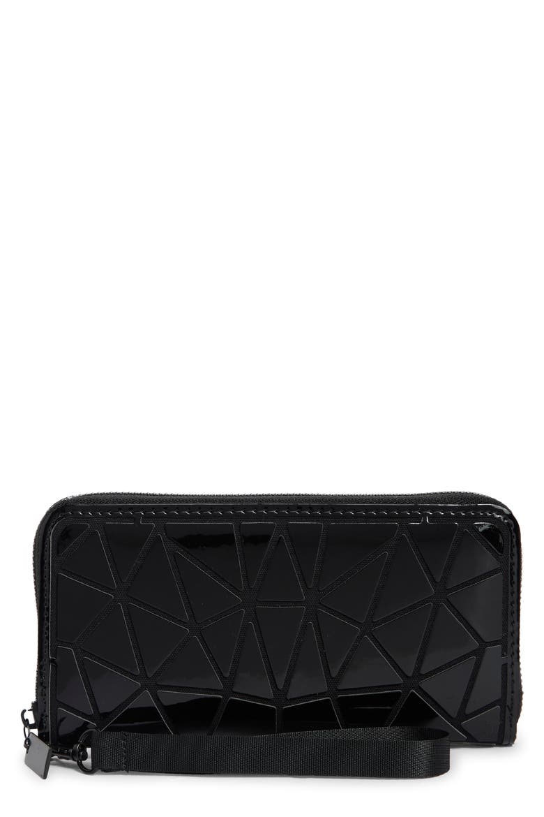 Geometric Zip Around Wallet, Main, color, SHINY BLACK
