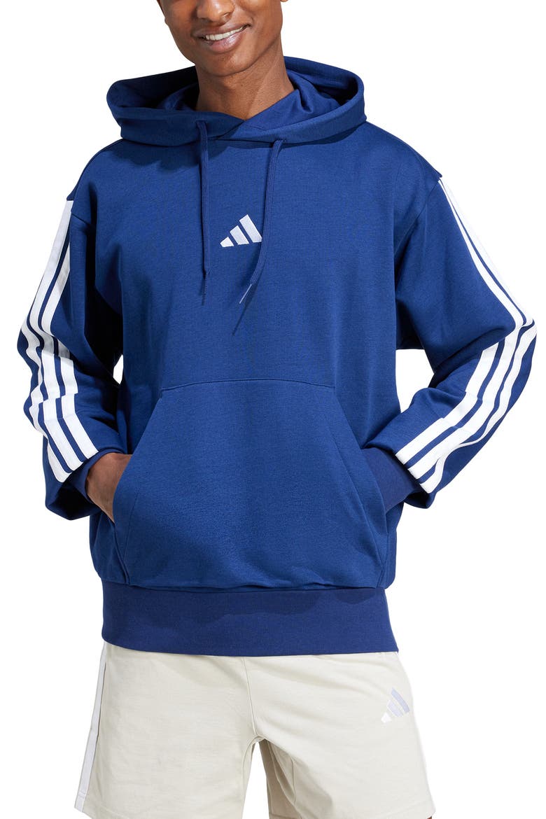 Essential 3-Stripes Fleece Hoodie, Main, color, DKBLUE/WHI