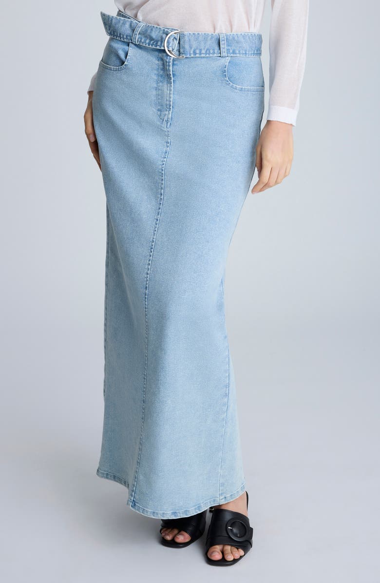 Kenneth Cole Belted Denim Maxi Skirt, Main, color, Nu Wash