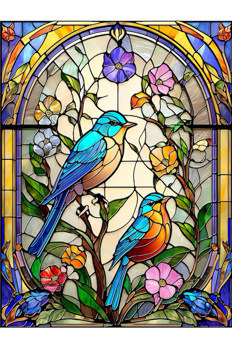 Stained Glass Flowers and Bluebirds 500 piece Jigsaw Puzzle for Adults, Alternate, color, Multicolor