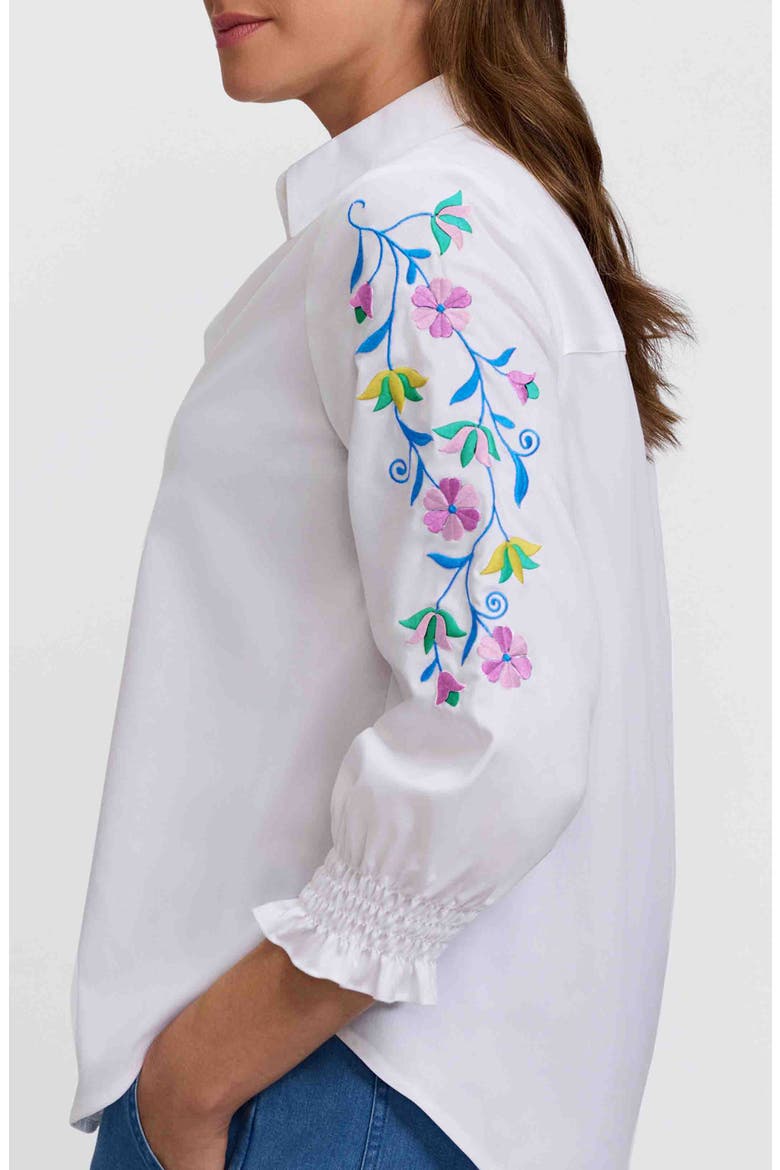 Olivia Embroidered Sleeve Stretch Cotton Blend Button-Up Shirt, Alternate, color, WHITE