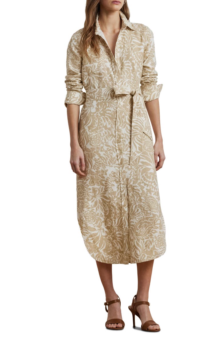 Lauren Ralph Lauren Floral Long Sleeve Linen Midi Shirtdress, Main, color, Cream/ Tan