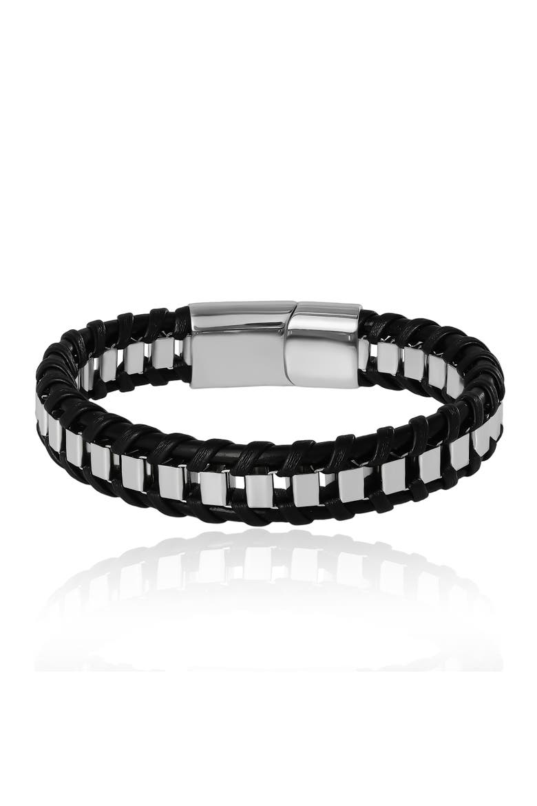 Men's Woven & Stainless Link Bracelet, Black, Magnetic Clasp - 8.5'', Main, color, Black
