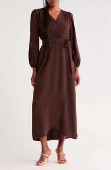 Faux Wrap Long Sleeve Maxi Dress