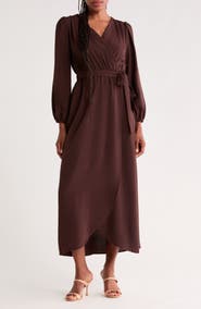 Connected Apparel Faux Wrap Long Sleeve Maxi Dress