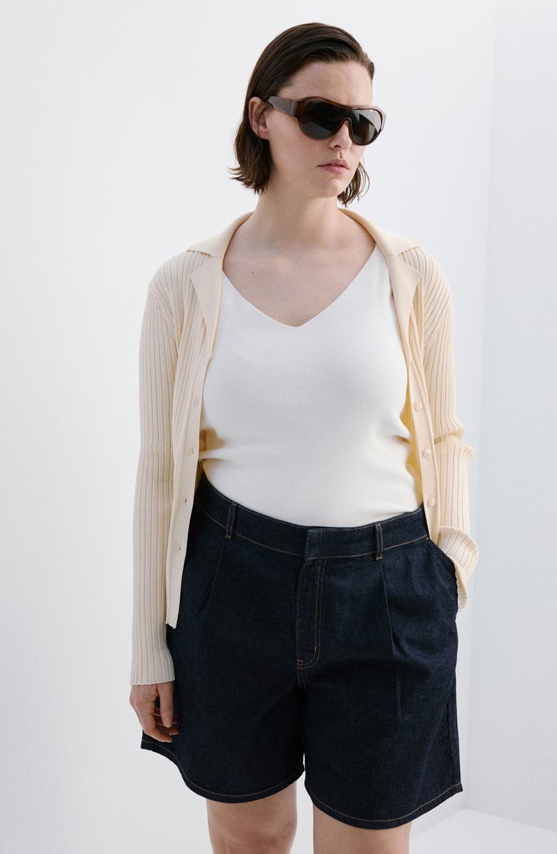 MANGO Pleated Cotton & Linen Denim Bermuda Shorts, Alternate, color, Open Blue