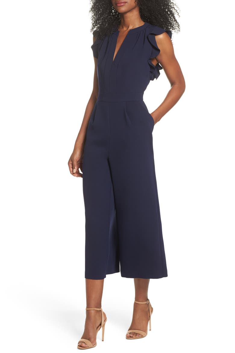 Ruffle Wide Leg Crop Jumpsuit, Main, color, NAVY