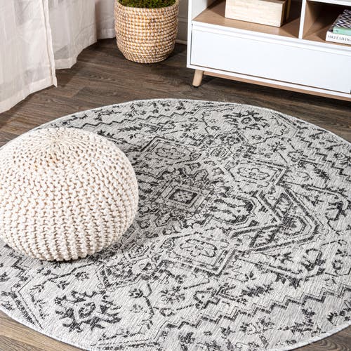 Jonathan Y Estrella Bohemian Medallion Textured Weave Indoor/outdoor Round Area Rug In Black/gray