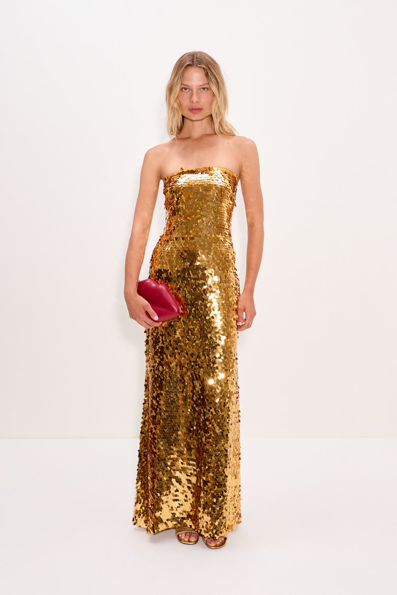 Sculpty Strapless Teardrop Sequin Dress, Alternate, color, Star Gold
