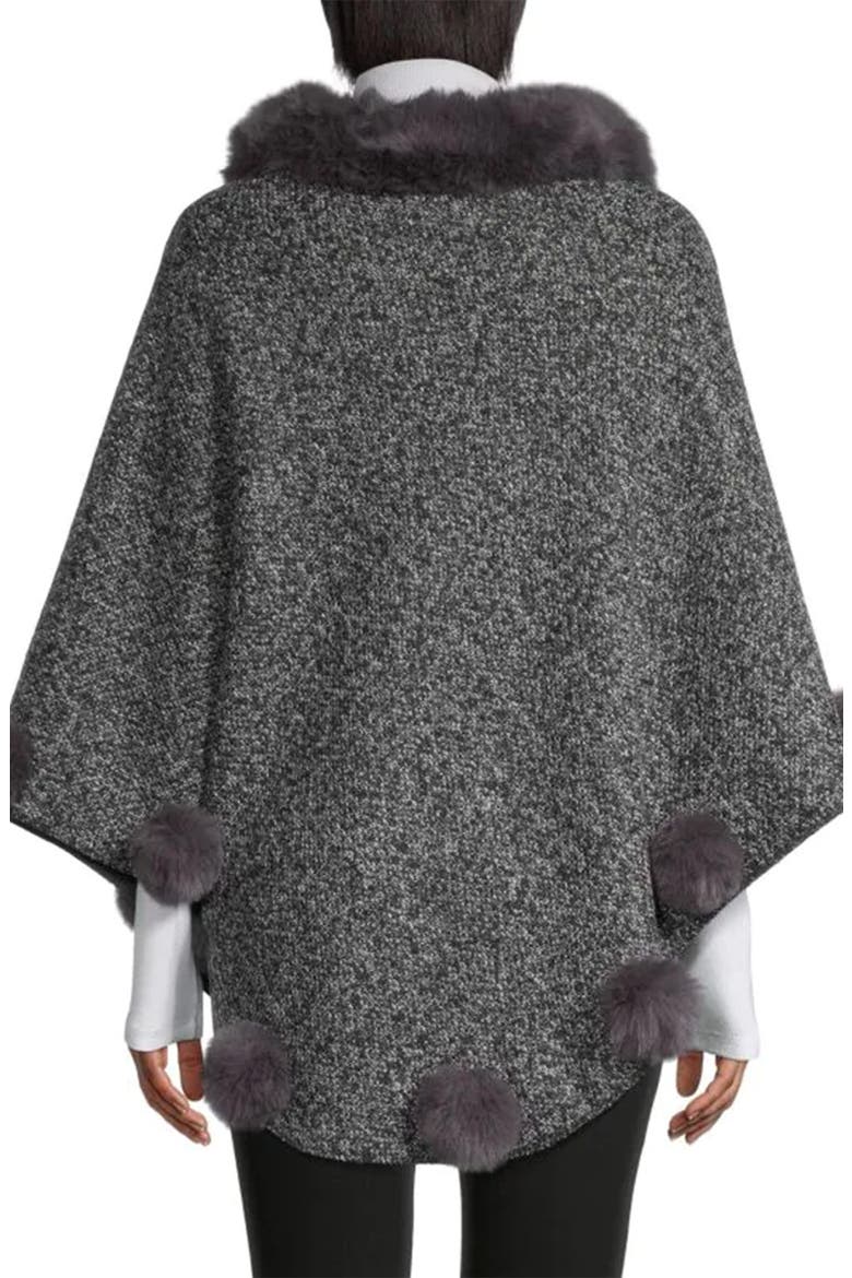 Posey Faux Fur Pompom Adorned Poncho, Alternate, color, GREY
