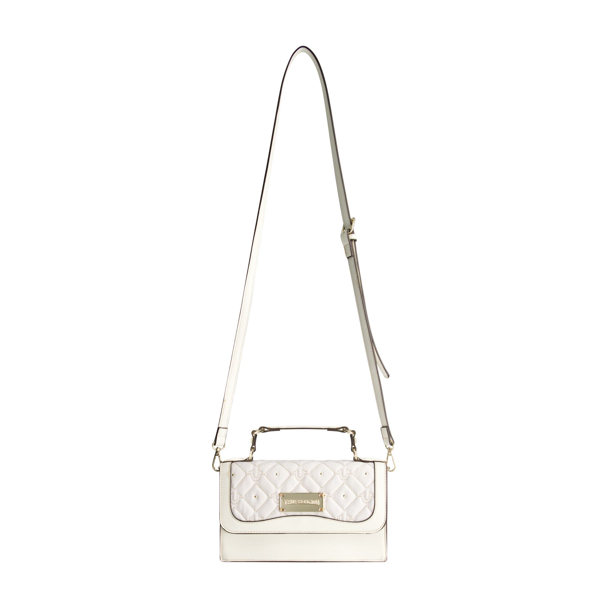 True Religion Studded Denim Flap Bag, Main, color, White