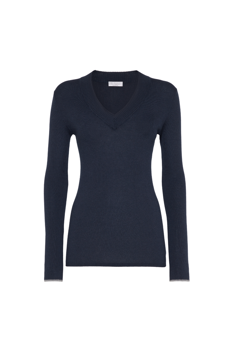 Brunello Cucinelli Lightweight sweater with Sparkling Cuffs, Main, color, Navy Blue