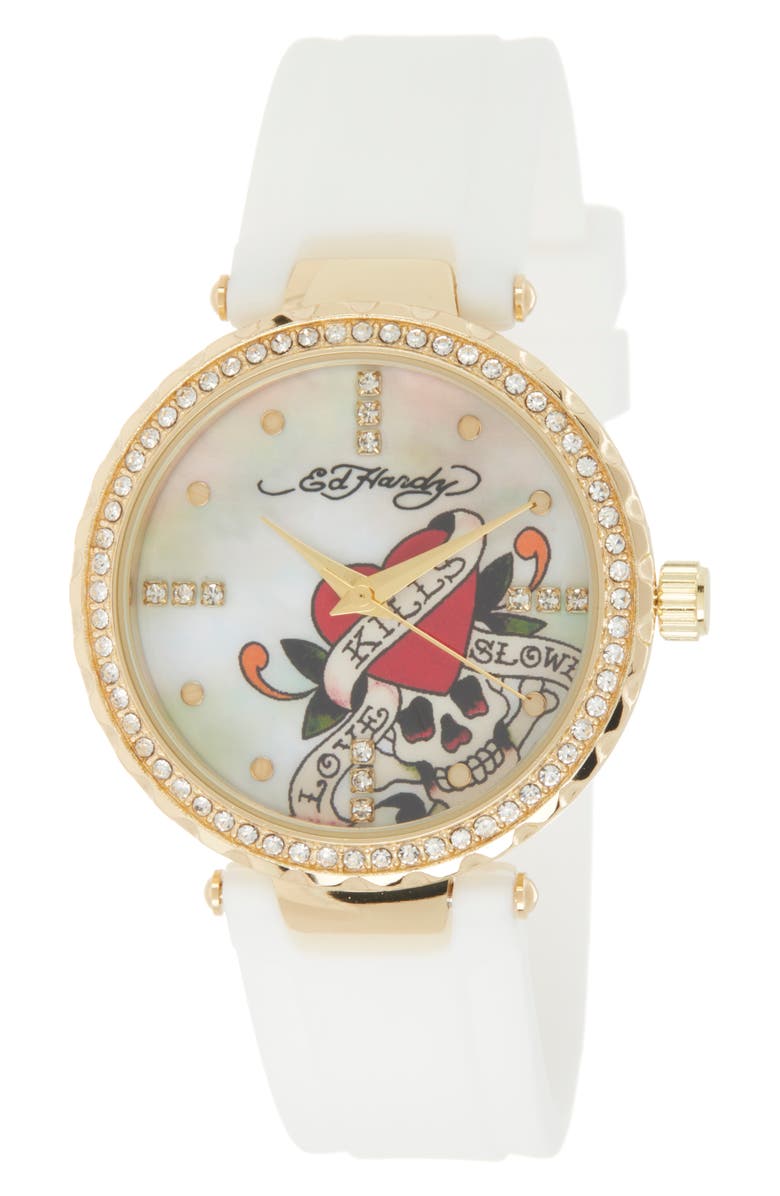 Ed Hardy Crystal Silicone Strap Watch, 36mm x 42mm, Main, color,