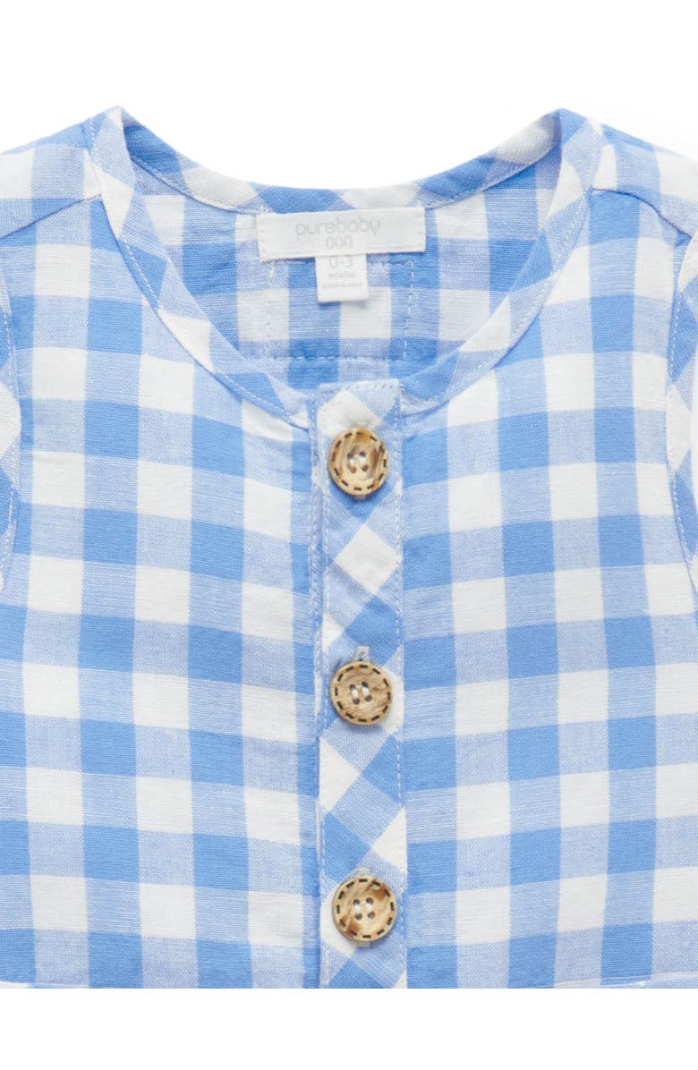 Purebaby Linen Blend Romper & Sunhat, Alternate, color, Ocean Gingham