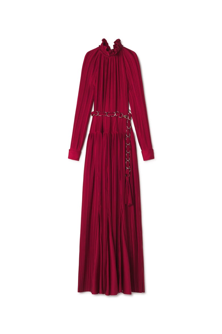 Long Pleated Charmeuse Dress, Alternate, color, Ruby