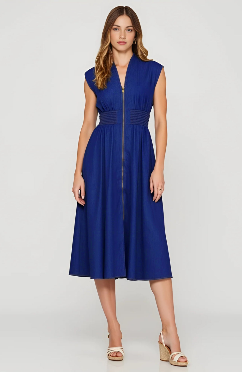 Modenaire Zip Front Midi Dress with Cap Sleeves and Smocked Waist, Main, color, Denim