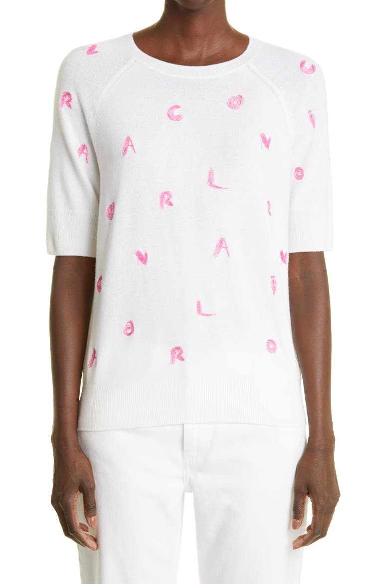 Embroidered Letter Knit Cashmere Top, Main, color, IVORY MULTI