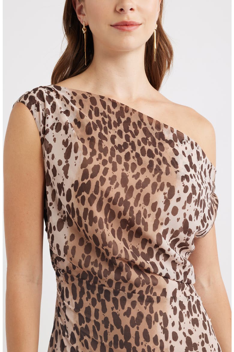 Cascading Off the Shoulder Evening Dress, Alternate, color, TAN- BLACK LEOPARD SPOT